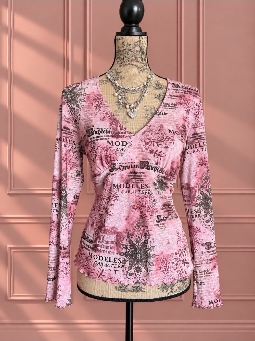 Vintage Pink Printed V-Neck Long Sleeve Top with Bell Sleeves